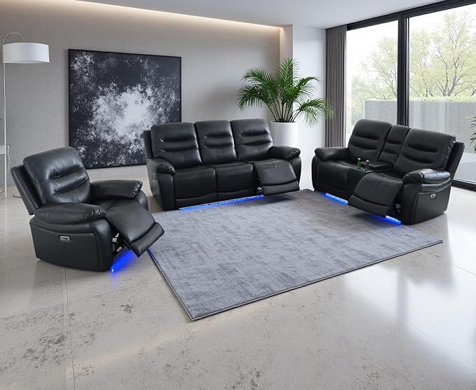Power Reclining Sofa, Living Room Funiture Sets, Black PVC Breathing Leather Power Recliner Sofa Set with 5 Recliner Seats/Storage Console/Cup Holders/LED Light/USB Port for Living Room,Office