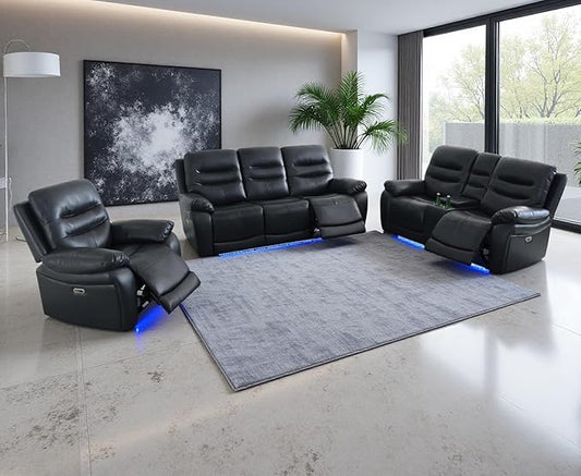 Power Reclining Sofa, Living Room Funiture Sets, Black PVC Breathing Leather Power Recliner Sofa Set with 5 Recliner Seats/Storage Console/Cup Holders/LED Light/USB Port for Living Room,Office