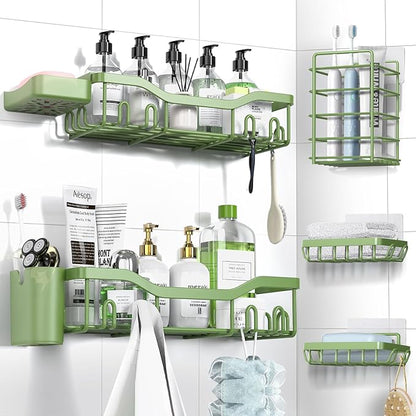 Shower Caddy Adhesive Shower Organizer 7-Pack, Rustproof Stainless Steel Bathroom Shelves, Large Capacity No-Drill Rack Storage Accessories with Soap Dish Toothbrush Holder Hooks