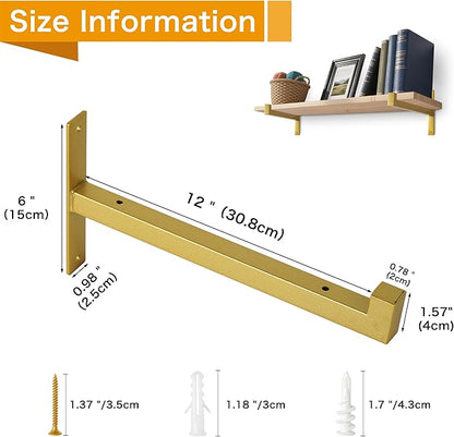 6 Pcs Heavy Duty Shelf Brackets 12 Inch Wall Mounted Industrial Metal Shelving Supports with Lip Gold