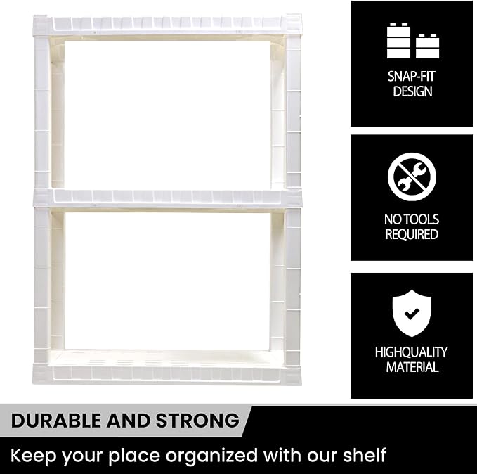 Oskar Heavy Duty Plastic Storage Shelves- for Garage, Kitchen, Bathroom Basement Kids Room, Stackable 3-Tier White, Organizer Rack for Books Shoes, Toys, Pantry, Cleaning and Closet Organization
