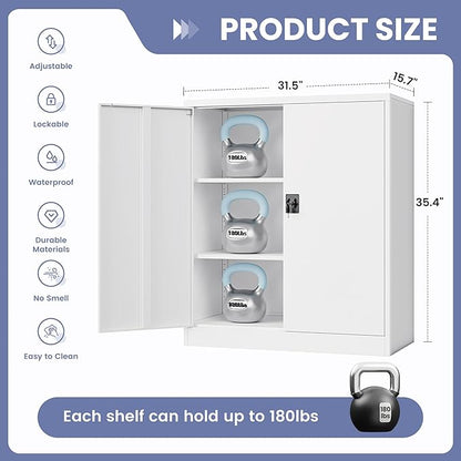 Metal Storage Cabinet，Garage Storage Cabinet with 2 Lockable Doors and 2 Adjustable Shelves, 36'' Steel Tool Cabinet for Garage, Office, Home, School(White)