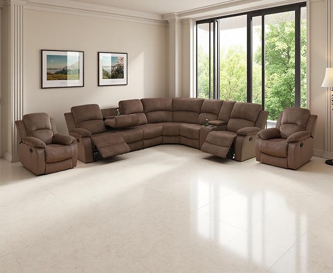Recliner Sectional Couch Set, Living Room Furniture Sets, Brown Corduroy Reclining Sectional Sofa and 2 Reclining Chairs with Drop-Down Table, Cup Holder and Storage Console for Bedroom