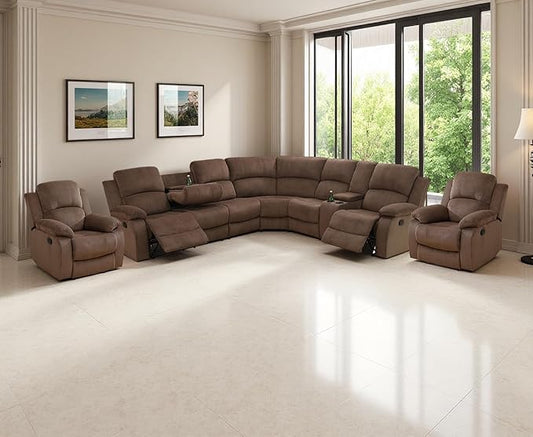 Recliner Sectional Couch Set, Living Room Furniture Sets, Brown Corduroy Reclining Sectional Sofa and 2 Reclining Chairs with Drop-Down Table, Cup Holder and Storage Console for Bedroom
