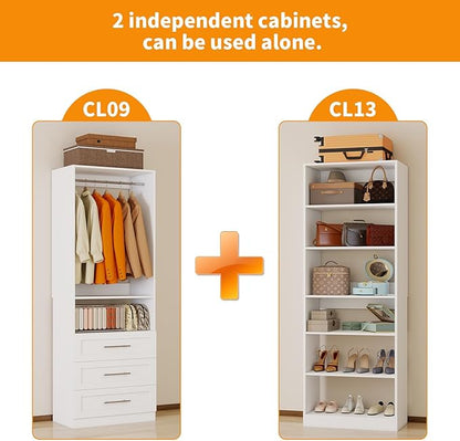 Closet System with 2 Sets, 4FT Closet Organizer Systems with 3 Wooden Drawers 7 Shelves & 3 Hanging Rods, Walk in Closet freestanding Corner Modular Closet Storage System White (4FT)