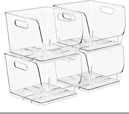 Sorbus Stackable Storage Bins Open Front, Clear Stackable Storage Bins, Pantry Bins for Storage and Organization, Acrylic Stackable Bins for Kitchen, Clear Pantry Organizer Bins (Medium Sqware 4 Pack)