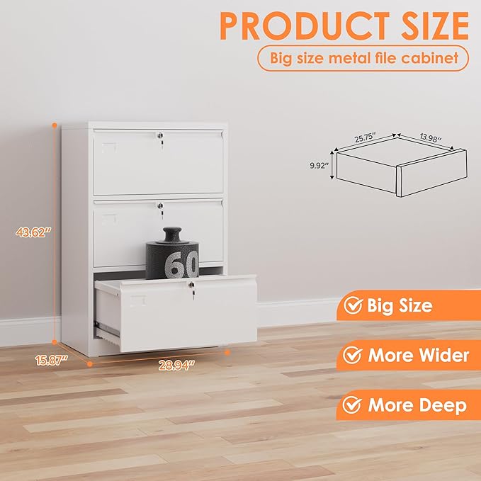 Metal Lateral File Cabinet with 3 Drawers,Wide Metal Filing Cabinet with Lock,Metal File Cabinet for Letter/Legal/A4, Assembly Required,White