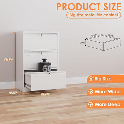 Metal Lateral File Cabinet with 3 Drawers,Wide Metal Filing Cabinet with Lock,Metal File Cabinet for Letter/Legal/A4, Assembly Required,White