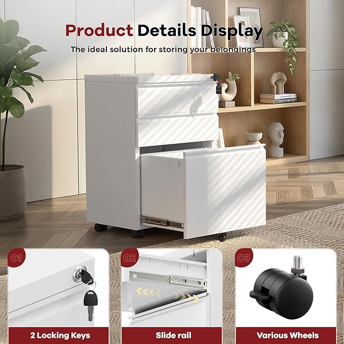 Bonusall Fully Assembled 3-Drawer Metal File Cabinet with Lock - Mobile Under Desk Filing Cabinet for Legal/Letter/A4 Size, Anti-Tilt Mechanism, Pre-Installed Office Storage, White