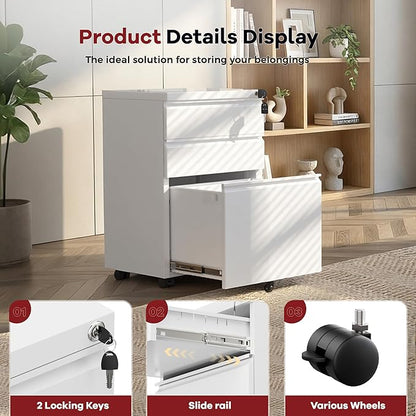Bonusall Fully Assembled 3-Drawer Metal File Cabinet with Lock - Mobile Under Desk Filing Cabinet for Legal/Letter/A4 Size, Anti-Tilt Mechanism, Pre-Installed Office Storage, White