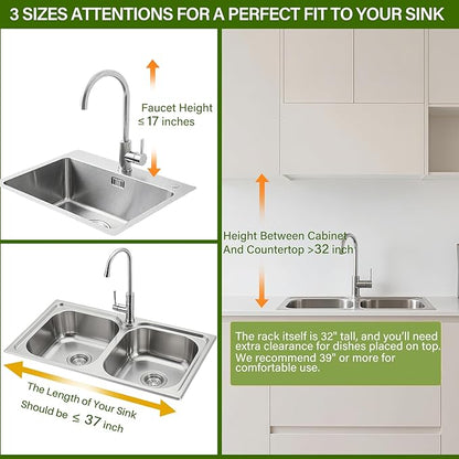 Over The Sink Dish Drainer Drying Rack 3 Tier, Full Stainless Steel Dish Drying Rack Adjustable Length 20.9''-37.4'' , Kitchen Sink Shelf, Organized Space-Saving Dish Rack with Pots and Pans Rack