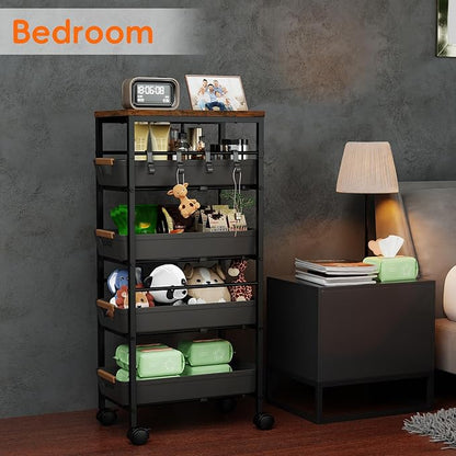 5-Tier Kitchen Storage Cart, Wood Top Rolling Cart Organizer with Pull-Out Baskets & Wheels, Metal Snack Cart with Holder for Fruit, Vegetable, Microwave, Kitchen, Pantry, Black