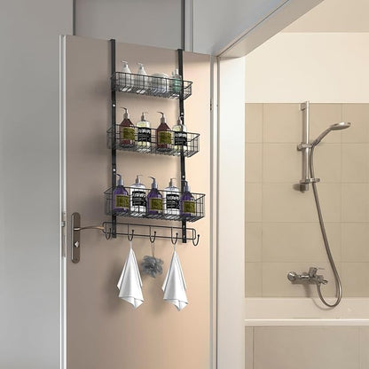 YBING Over The Door Organizer with Hooks 3 Tier Back Towel Hanger Baskets Metal Behind Hanging Storage Shelf Pantry Racks for Bedroom Bathroom Black, R01-R984