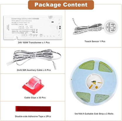 Under Cabinet Led Light Strip kit,2 Roll x 16.4ft Cuttable 3000K COB,Diffused Power with 8 JST & 2 Hardwired Outlets,Touch Sensor for Gun Safe Case,Book Shelf,Floating Shelf,Slat Wall Panel