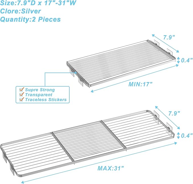 Expandable Closet Organizer Shelves, Adjustable Rod Metal Storage Shelves Divider for Wardrobe Cupboard Kitchen (Silver,7.9" D x 17"-31" W,2PCS)