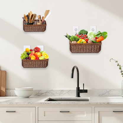 3 PCS Wall Mounted Woven Basket, Boho Kitchen Hanging Basket, Wall-Mounted Planters Holder With Hooks, Storage Boxes For Home Decor, Porche, Indoor And Outdoor, Cafe, And Offices(Brown-Set)
