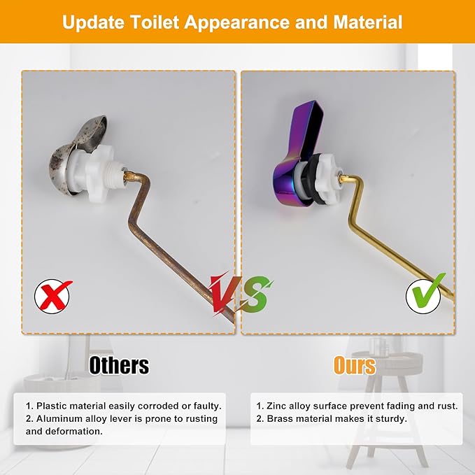 Hibbent Universal Metal Side Mount Toilet Handle Replacement Kit, Brass Toilet Flush Tank Lever with Stainless Steel Flapper Chains for Most Toilets, Rainbow