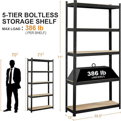 Topeakmart 5-Tier Utility Shelves, Metal Storage Shelves Garage Shelving Unit Adjustable Garage Storage Shelves Storage Racks Heavy Duty Shed Shelving- Black, 35.5 x 12 x 71 Inch