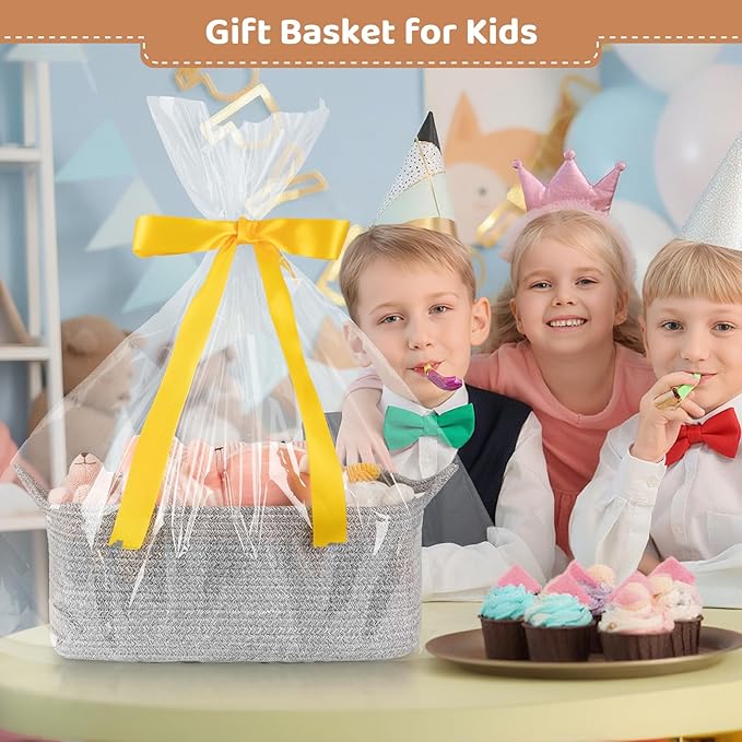 Large Empty Gift Baskets for Baby Shower, 16.5" L x 12.6" W x 7" H Cute Woven Storage Basket with Gift Bags and Ribbons, Small Rope Toy Basket with Handles, Cat Dog Pet Toy Organizer - Grey