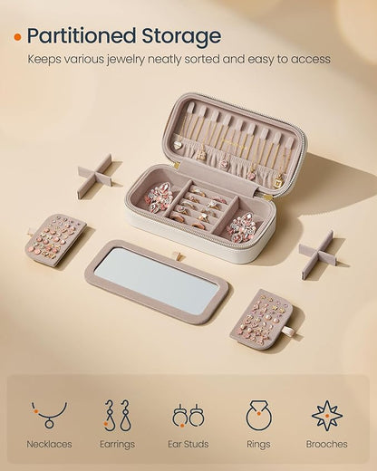 SONGMICS HOME Travel Jewelry Case, Travel Jewelry Box Organizer with Mirror, 4.1 x 8 x 2.4 Inches, Stitching, Portable, Gift Idea, Cloud White UJBC180W01