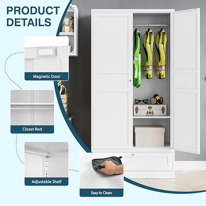 MIIIKO Wardrobe Closet with Drawer, 2 Doors Clothes Cabinet, 72" Metal Storage Cabinets with Hanging Rod, Bedroom Armoires Laundry Room and Office Clothes Storage Organizer Cabinets