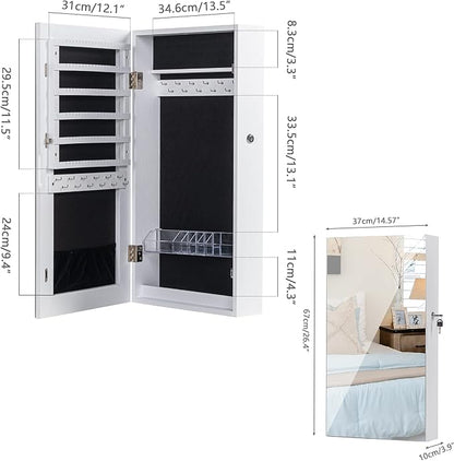 LAVIEVERT Lockable Jewelry Cabinet Armoire with Frameless Mirror, Wall/Door Mounted Space Saving Jewelry Display Organizer with Lipstick Compartments - White