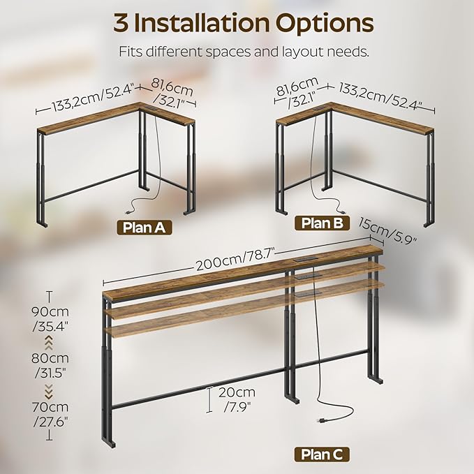 78.7" Narrow Console Table with Adjustable Height (27.6"-35.4"), L Shaped Sofa Table Narrow Long, Skinny Behind Couch Table with USB-C Ports, 5.9" Wide Sofa Side Table, Rustic Brown CT29UBR