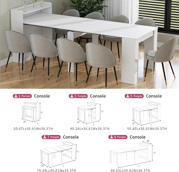 Transformer Table, Folding Console to Large Dining Table, Expandable Dining Table for 2-9 People, Space Saving Extendable Dining Room Furniture, White