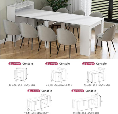 Transformer Table, Folding Console to Large Dining Table, Expandable Dining Table for 2-9 People, Space Saving Extendable Dining Room Furniture, White