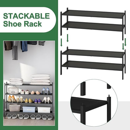 Black 2-Tier Long Stackable Bamboo Wood Shoe Rack for Closet, Entryway & Hallway