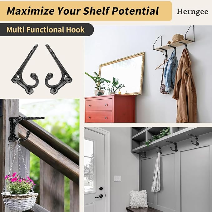Shelf Brackets 4 Inch 2 Pack, Cast Iron Shelf Brackets for Wall Shelving, Rustic Shelving Brackets with Hooks Black, Heavy Duty Floating Brackets Wall Mounted