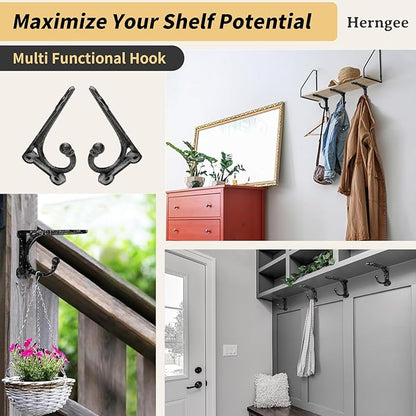 Cast Iron Shelf Brackets 4 Inch, 4 Pack Black Rustic Shelf Brackets with Hooks，Heavy Duty Floating Brackets Wall Mounted, Decorative Brackets for Wood Shelves