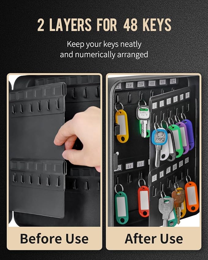 Uniclife 48 Position Key Cabinet with Combination Lock Resettable Black Digital Security Storage Box Steel Key Organizer with Colorful Key Tag Labels Stickers and Hooks