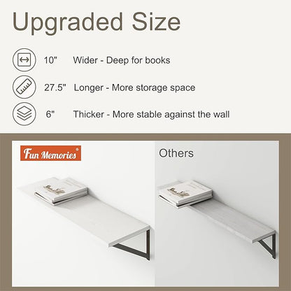 Fun Memories 27.5" W x10 D Floating Shelves, White Wall Shelf with Brackets, 10 Inch Deep Floating Shelf Set of 2, Large Storage Kitchen Living Room Bathroom Shelves, Wood Wall Mounted Shelf