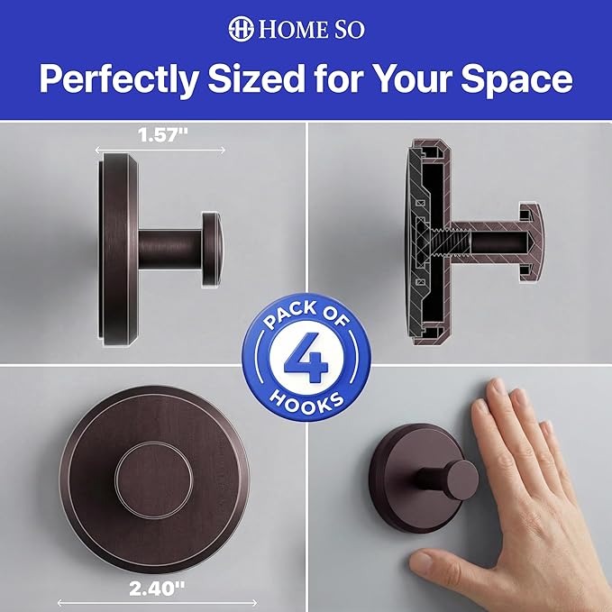 HOME SO Suction Cup Hooks for Shower & Bathroom Towel Holder 4-Pack – Suction Cups Hooks for Hanging Towels, Robes, & Coats - Tiles, Glass Door or Mirror – Shower Hooks & Towel Hooks Organizer -Bronze