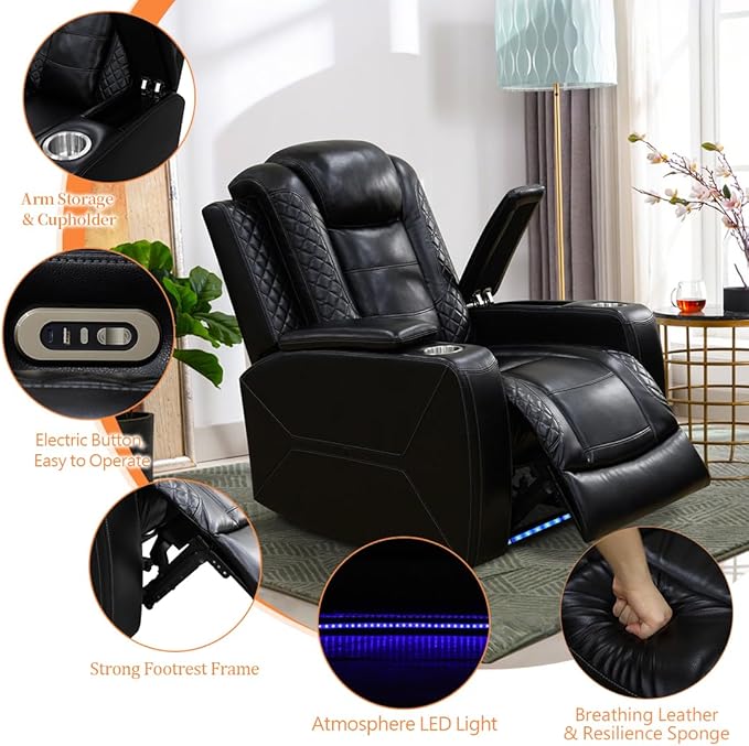 Black Leather Living Room Furniture Set,Power Theater Recliner Chair with Arm Storage and LED Lights, Reclining with Power Headrest and Cup Holders for Living Room/Home/Office