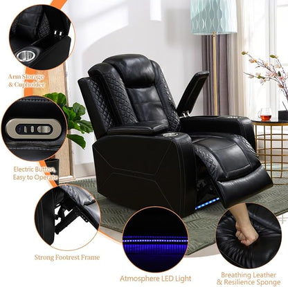 Black Leather Living Room Furniture Set,Power Theater Recliner Chair with Arm Storage and LED Lights, Reclining with Power Headrest and Cup Holders for Living Room/Home/Office