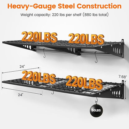 Garage Shelving 2x2ft 4-Pack, Garage Storage Rack 24"x24" Metal Shelves Black Wall Mounted with rods & 4 Hooks, Heavy Duty Wall Shelving Floating Shelves, 880lbs Total load Capacity