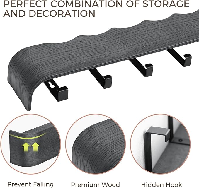 Wall Coat Rack Floating Shelves Modern Coat Rack Wall Mount with Storage Entryway Shelf Wooden Hanger 20 Inch 4 Hidden Metal Hooks for Living Room Bedroom (Wavy Black, 8 Hooks)