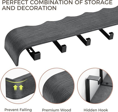Wall Coat Rack Floating Shelves Modern Coat Rack Wall Mount with Storage Entryway Shelf Wooden Hanger 20 Inch 4 Hidden Metal Hooks for Living Room Bedroom (Wavy Black, 8 Hooks)