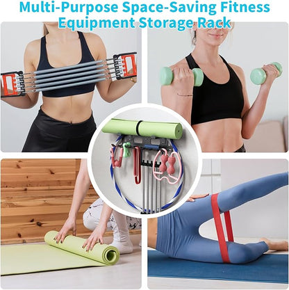 KHAMAL Multi-Purpose Gym Equipment Storage Rack for Resistance Bands - Gym Wall Storage for Exercise Bands, Yoga mat, Jump Ropes, Weight Belts, Straps, Hula Hoop (Black White)