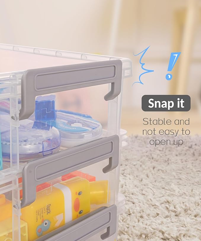 Sooez 6 Pack Small Plastic Containers with Lids, 6.4" x 4.4" x 2.7", Clear Crayon Box Pencil Pouch, Stackable Stroage Organizer for Beads Craft and Art Supplies, Storage Bins for Jewelry and Stickers