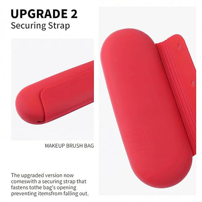 Silicone Makeup Brush Holder Travel Cosmetic Bag：Soft Portable Cosmetic Face Brushes Holder with Upgrade Anti-Fall Out Magnetic Closure, Large Travel Makeup Brush Case - Carmine