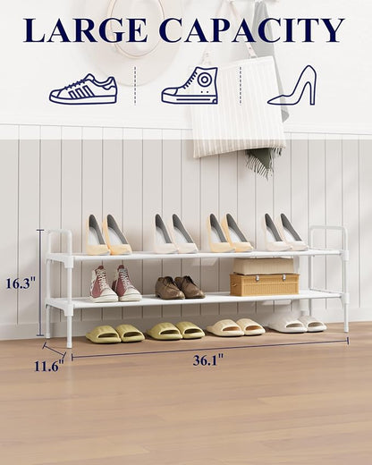 Kitsure Shoe Rack - 2-Tier Long Shoe Organizer with Handles & Non-Slip Feet, Rust-Resistant Metal Shoe Rack for Closet, Entryway, Bedroom, Living Room, 36.1" Wide - 2 Tiers, White