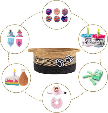 Small Woven Cotton Rope Nursery Organizer Bins, Dog Toy Basket Bins with Handle, Cute Empty Baby Gift Storage Baskets with Paw