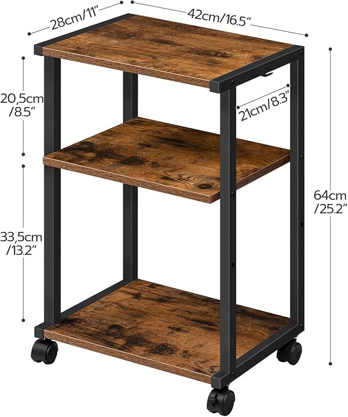 HOOBRO Mobile Printer Stand, 3-Tier Printer Cart Under Desk with Storage, Industrial Adjustable Rolling Cart, Sturdy Little Table on Wheels for Home Office BF28PS01