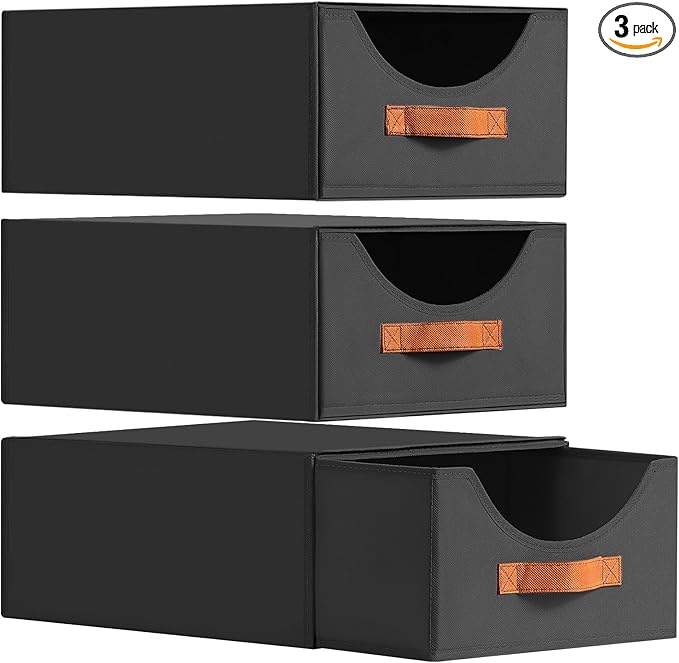 Large Stackable Storage Bins - Fabric Pull-out Closet Shelf Organizer, Linen Closet Organizers and Storage, Decorative Storage Boxes for Bedroom, Office, Dorm, 3 Pack, Black