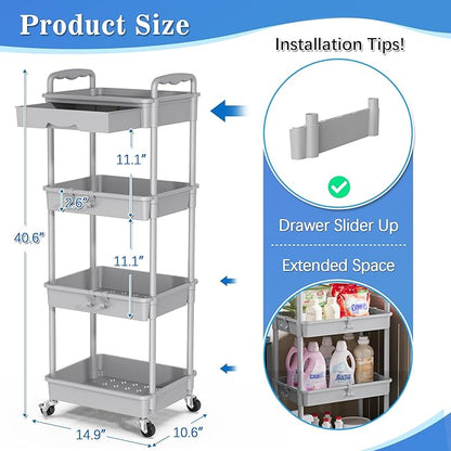 4 Tier Rolling Utility Cart with Drawer, Storage Organizer Cart with 2 Lockable Wheels, Multifunctional Rolling Storage Cart for Bathroom, Kitchen, Craft, Makeup, Baby Essentials, Gray