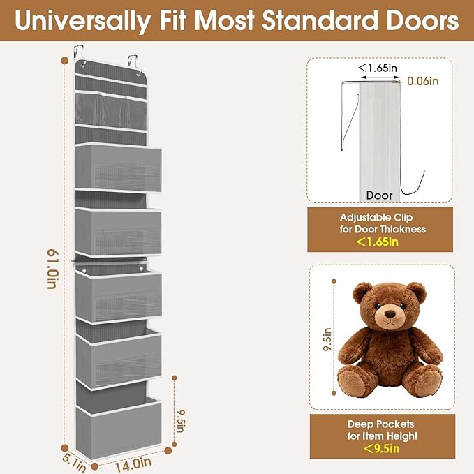 WISELIFE 6-Tier Over The Door Organizer Storage Detachable Design Door Hanging Storage Organizer with Clear Window Behind The Door Storage for Nursery Bedroom Bathroom Pantry Closet Grey