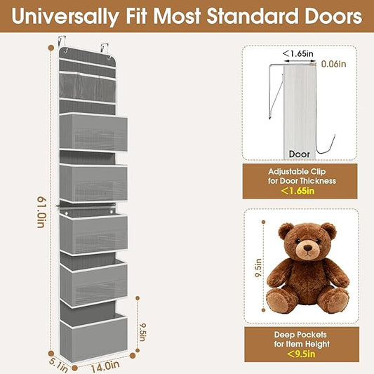 WISELIFE 6-Tier Over The Door Organizer Storage Detachable Design Door Hanging Storage Organizer with Clear Window Behind The Door Storage for Nursery Bedroom Bathroom Pantry Closet Grey